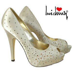 Luichiny Champagne Rhinestone Platform High Heel Shoes - Size 10M